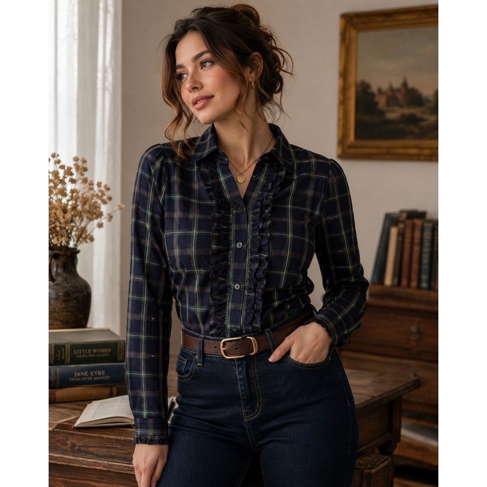 Chaps Navy Blue‎ Green Plaid Ruffle Front Band Collar Button Down Shirt Large